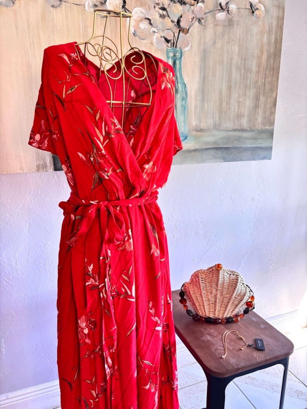 Cecè Red Floral Maxi Dress 2X Boho Flowy Viscose Wrap Style NWT - Picture 3 of 4
